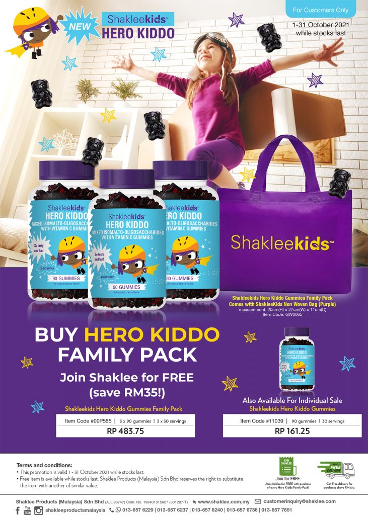Promosi Shaklee Oktober 2021: beli family pack hero kiddo, dapat percuma beg non-woven ShakleeKids purple yang cantik!